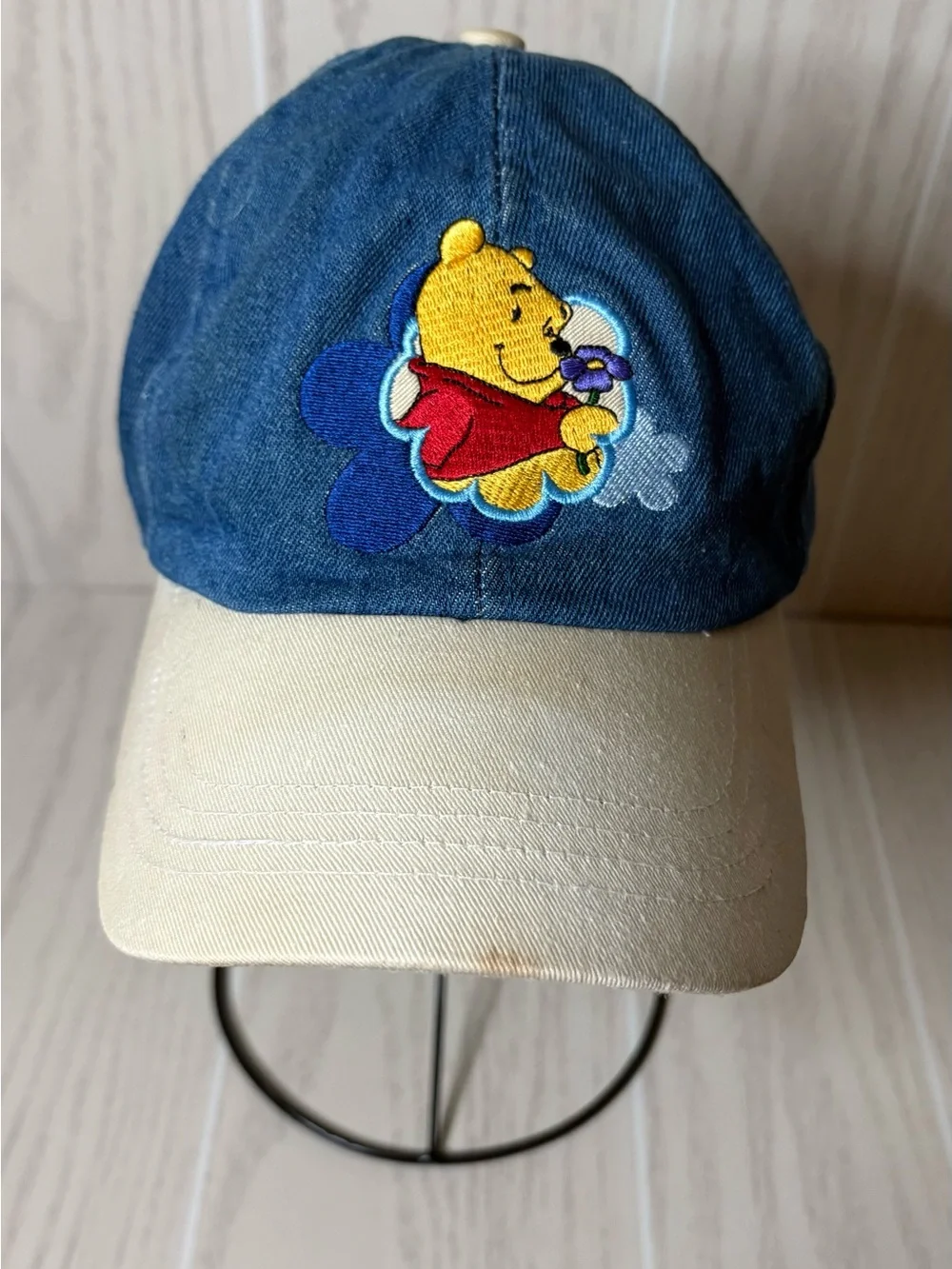 VINTAGE Winnie The Pooh Hat Blue Denim Cap Stretch Back 90s Disney Retro
